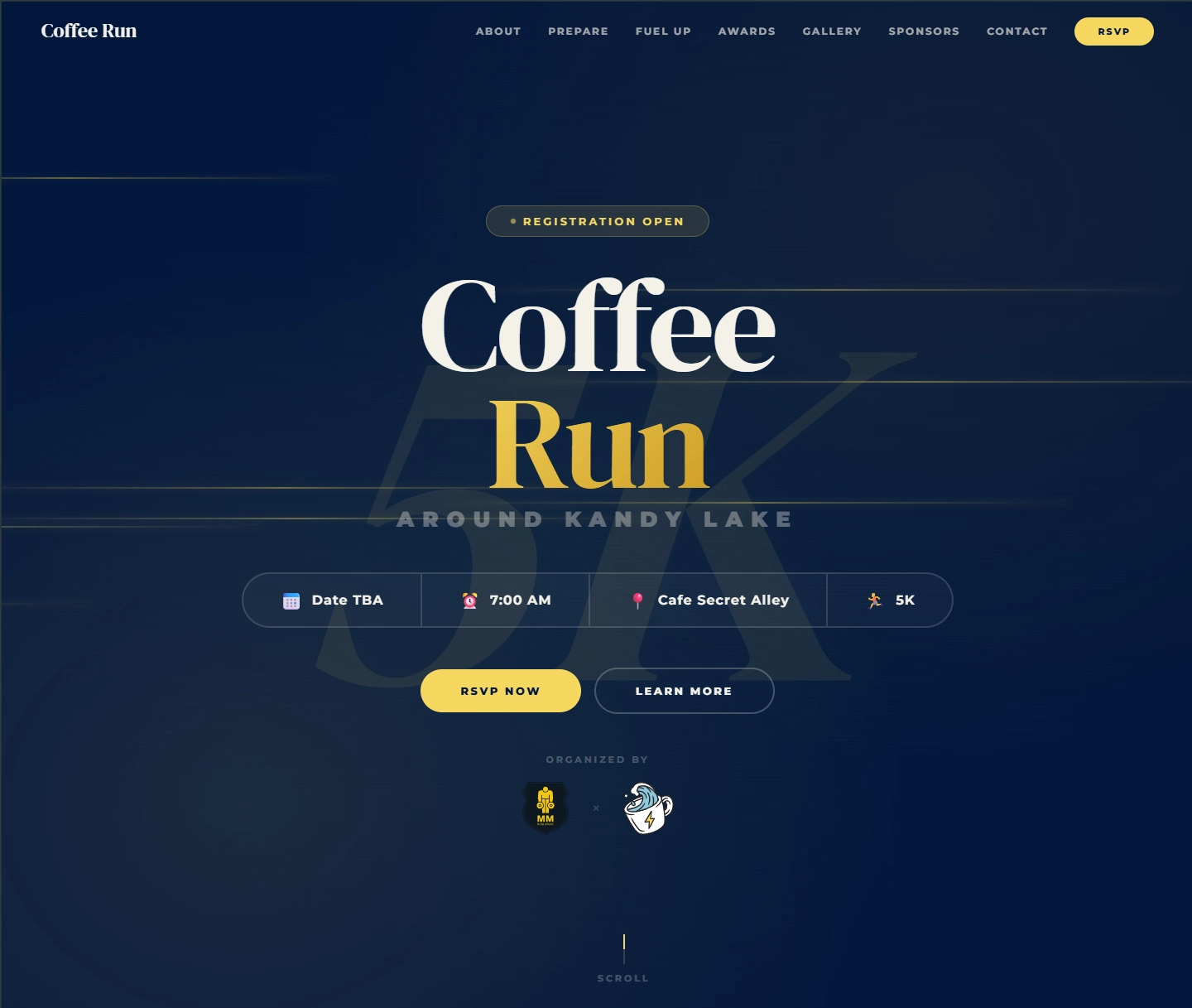 CoffeeRun — 5K run event website around Kandy Lake with RSVP system, schedule, sponsors, and gallery.