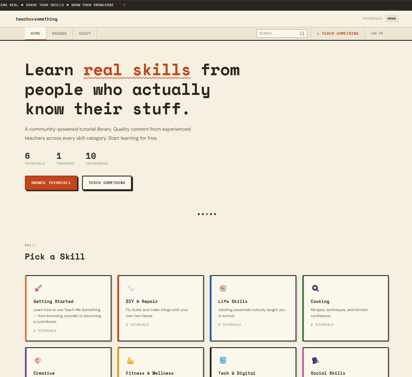 TeachMeSomething — Community-powered tutorial library. Quality content from experienced teachers across every skill category.